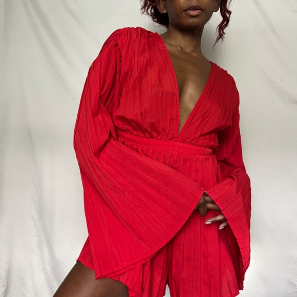 Bold Red Pleated Romper - Deep V-Neck - Picture 4 of 8